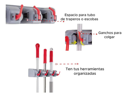 Soporte De Escoba Con 3 Posiciones Y 4 Ganchos Práctico