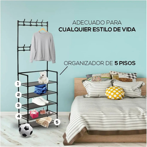 Perchero Multifuncional Kitul Con Zapatero De 5 Niveles, Everest, Estante Organizador Para Ropa Y Calzado, Estructura Metálica, Dimensiones 170x80 Cm, Ideal Para Recibidor, Dormitorio, Alta Calidad