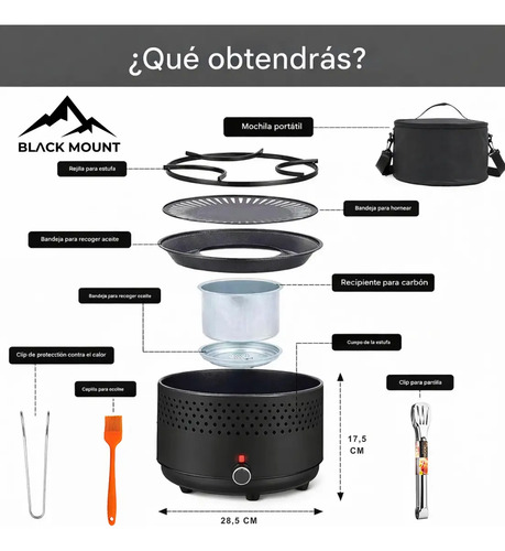 Parrilla Portátil De Carbón Para Interiores Y Exteriores, Barbacoa Compacta Sin Humo, Diseño Moderno, Black Mount, Ideal Para Casa, Balcón, Camping Y Reuniones Negro