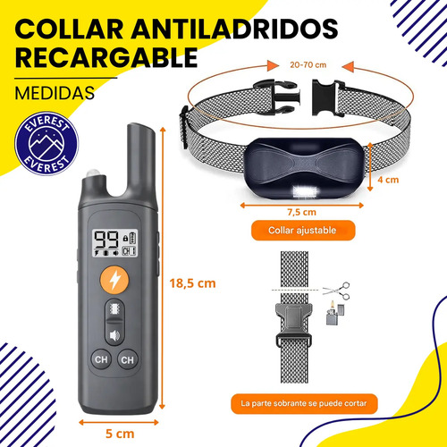Collar Antiladridos Recargable Con Control Remoto, Everest, Entrenador Para Perros, Ajustable, Seguro Y Eficaz Negro