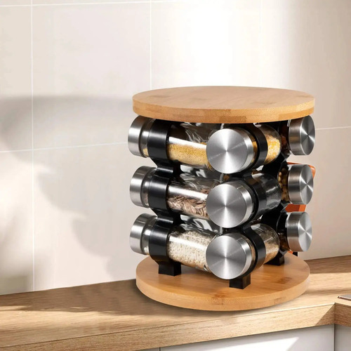 Especieros De Vidrio Con Base De Madera Y 12 Frascos