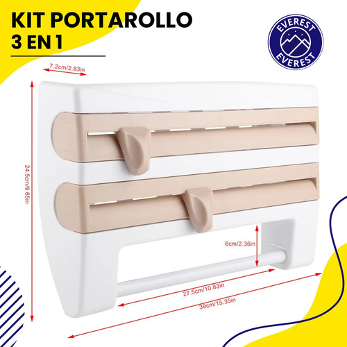 Porta Rollo 3 En 1 De Pared Para Cocina, Soporte Colgante Para Papel, Everest, Film Y Aluminio, Con Cortadores Integrados Y Organizador, Alta Calidad