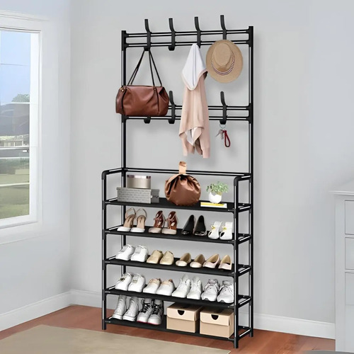 Perchero Multifuncional Kitul Con Zapatero De 5 Niveles, Everest, Estante Organizador Para Ropa Y Calzado, Estructura Metálica, Dimensiones 170x80 Cm, Ideal Para Recibidor, Dormitorio, Alta Calidad