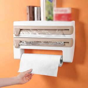 Porta Rollo 3 En 1 De Pared Para Cocina, Soporte Colgante Para Papel, Everest, Film Y Aluminio, Con Cortadores Integrados Y Organizador, Alta Calidad: imagen 9