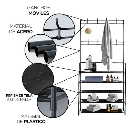 Perchero Multifuncional Kitul Con Zapatero De 5 Niveles, Everest, Estante Organizador Para Ropa Y Calzado, Estructura Metálica, Dimensiones 170x80 Cm, Ideal Para Recibidor, Dormitorio, Alta Calidad