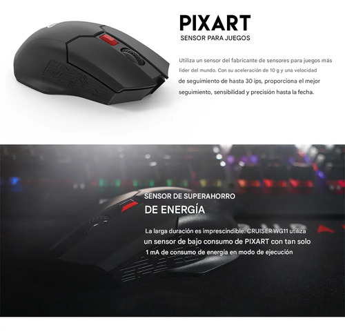 Mouse Gamer Inalámbrico Wg11 6 Botones, Everest, 2.4ghz, Rgb, Batería Recargable, Alta Calidad Negro