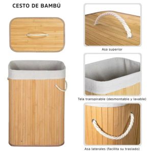 Cesto De Ropa Sucia Bambú Con Tapa Rectangular, Everest | Gran Capacidad, Diseño Natural Y Resistente Para Baño, Lavadero O Dormitorio Marrón Claro Lisa: imagen 2