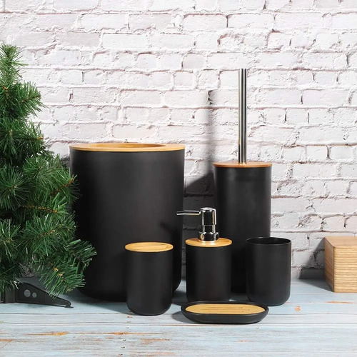 Set De Baño 6 Piezas Negro Con Bambú | Elegante Y Durable (C)