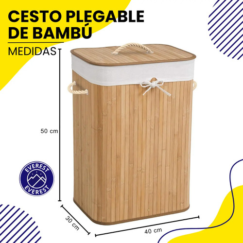 Cesto De Ropa Sucia Bambú Con Tapa Rectangular, Everest | Gran Capacidad, Diseño Natural Y Resistente Para Baño, Lavadero O Dormitorio Marrón Claro Lisa