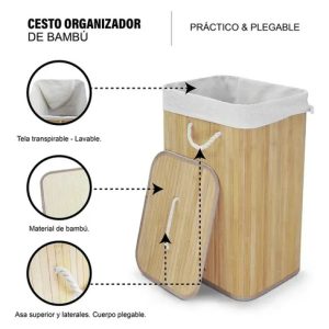 Cesto De Ropa Sucia Bambú Con Tapa Rectangular, Everest | Gran Capacidad, Diseño Natural Y Resistente Para Baño, Lavadero O Dormitorio Marrón Claro Lisa: imagen 5
