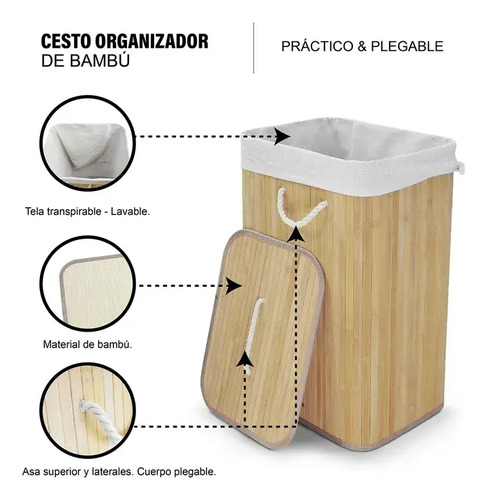 Cesto De Ropa Sucia Bambú Con Tapa Rectangular, Everest | Gran Capacidad, Diseño Natural Y Resistente Para Baño, Lavadero O Dormitorio Marrón Claro Lisa