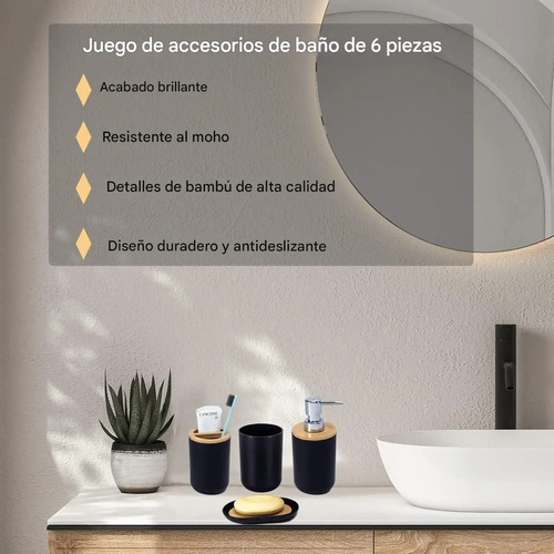 Set De Baño 6 Piezas Negro Con Bambú | Elegante Y Durable (C)