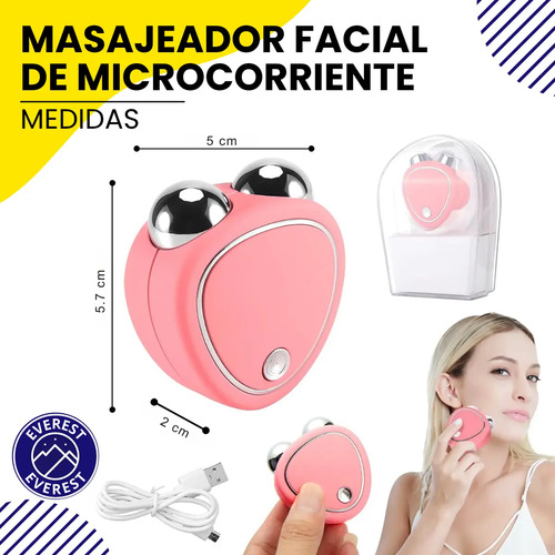 Masajeador Facial Microcorriente Ems + Vibración Sónica Everest, Rodillos Dobles Antiarrugas, Reafirmante Y Lifting Para Contorno Facial, Adiós Ojeras Y Líneas De Expresión, Portátil (C) Rosado