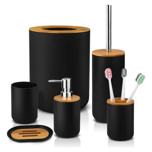 Set De Baño 6 Piezas Negro Con Bambú | Elegante Y Durable (C): imagen 1